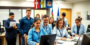 Grupo de profissionais técnicos em ambiente de prefeitura.
