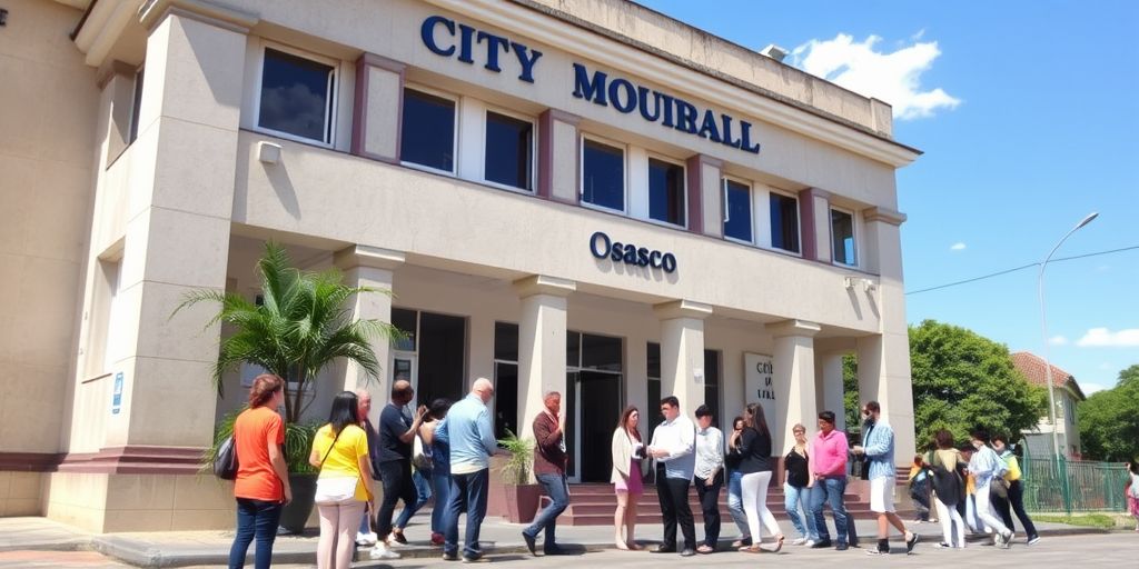 Pessoas diante da prefeitura de Osasco, discutindo oportunidades.