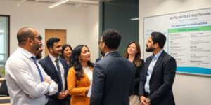 Grupo discutindo oportunidades de emprego no governo.