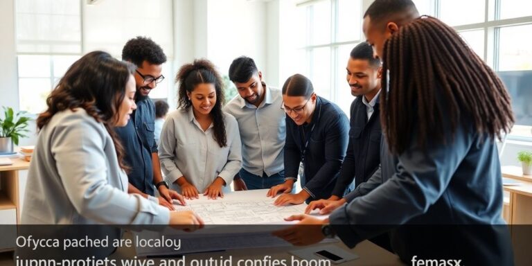 Grupo de técnicos em ambiente de trabalho colaborativo.