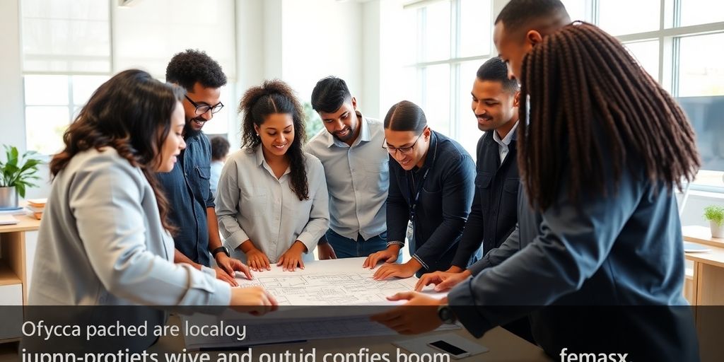 Grupo de técnicos em ambiente de trabalho colaborativo.