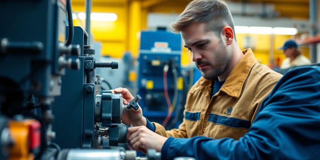 Técnico trabalhando em uma oficina com ferramentas avançadas.
