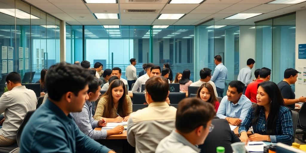 Escritório da prefeitura de São Paulo com pessoas trabalhando.