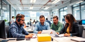 Escritório municipal com técnicos trabalhando em projetos.