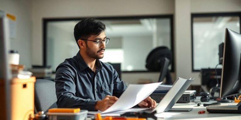Técnico em escritório do governo, ambiente de trabalho estável.