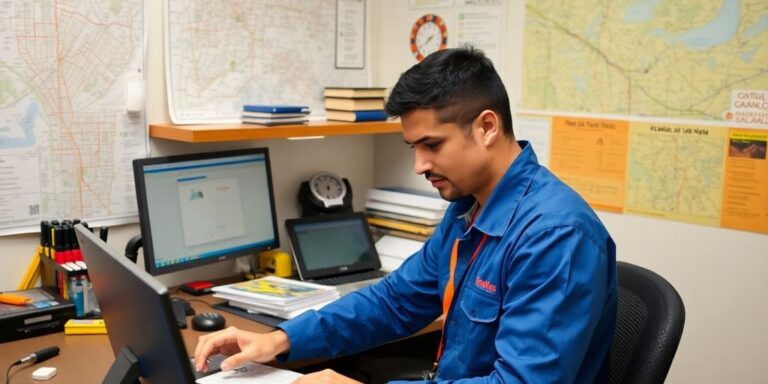 Técnico municipal em escritório com mapas e ferramentas.