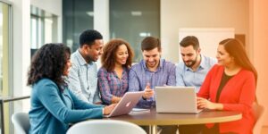 Grupo diverso de profissionais discutindo oportunidades de emprego.