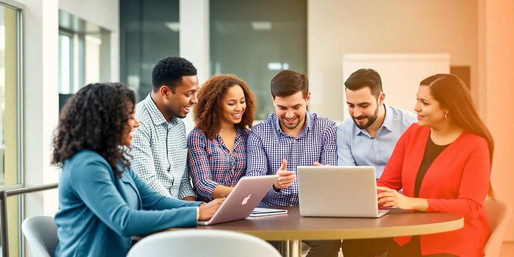 Grupo diverso de profissionais discutindo oportunidades de emprego.
