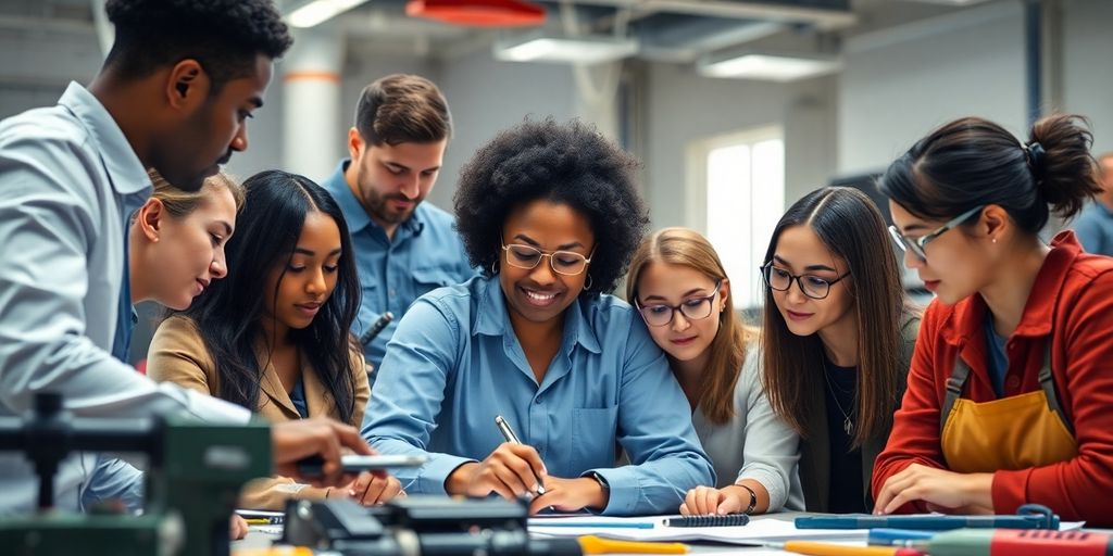 Grupo de profissionais em treinamento técnico na sala de aula.