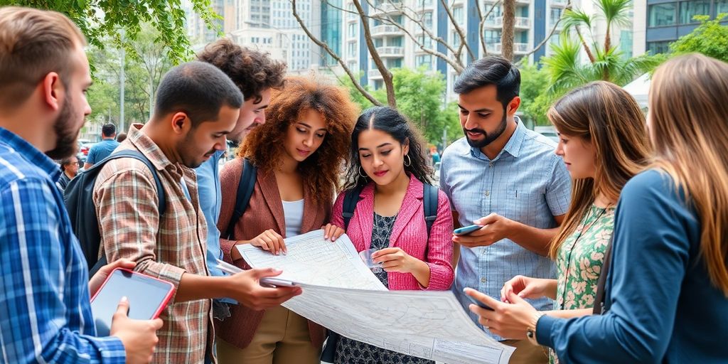Profissionais em planejamento urbano discutindo ideias e projetos.