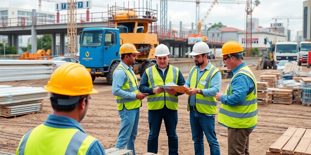 Técnicos em infraestrutura pública trabalhando em um canteiro de obras.