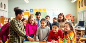 Grupo de estudantes e educadores em sala de aula interativa.