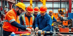 Grupo de técnicos trabalhando em um ambiente profissional.