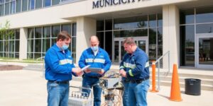 Técnicos trabalhando juntos em um prédio municipal.