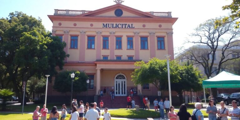 Edifício municipal cercado por árvores e atividades comunitárias.