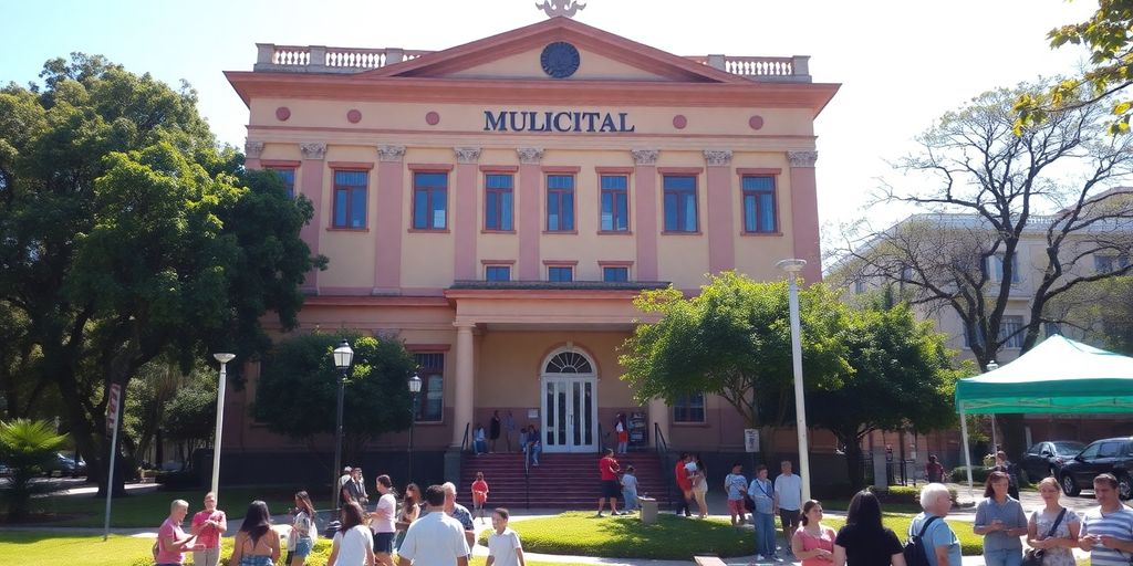 Edifício municipal cercado por árvores e atividades comunitárias.