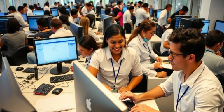 Funcionários técnicos trabalhando em um escritório municipal.