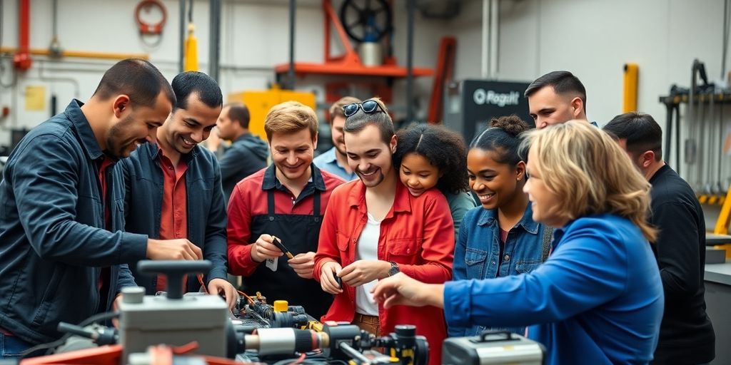 Grupo diverso de técnicos em treinamento prático.