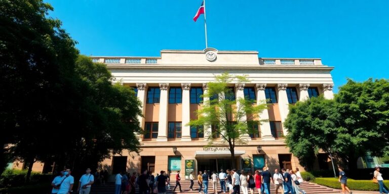 Edifício governamental em São Paulo com pessoas entrando.